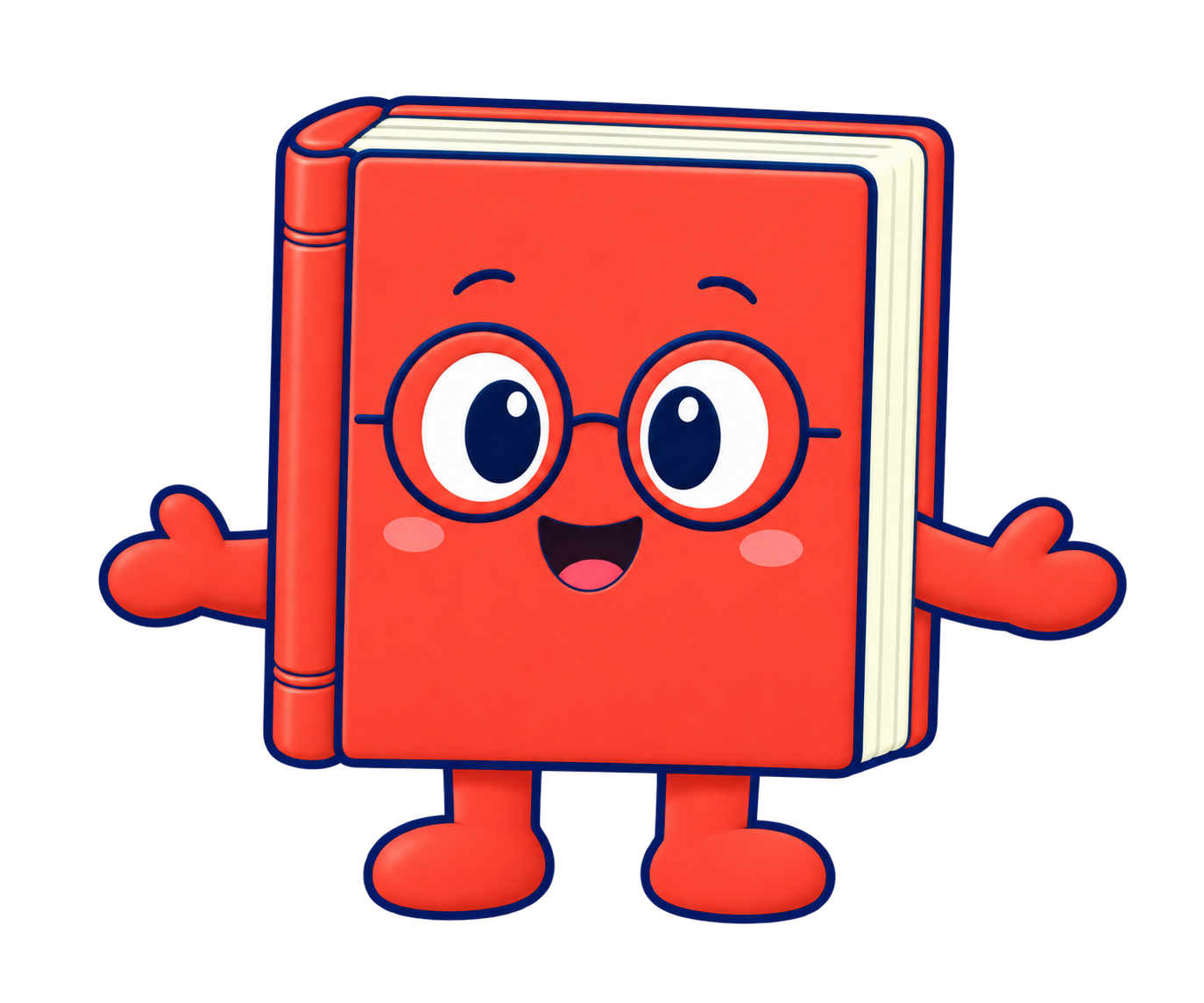 Paige, a cheerful red book wearing round glasses.