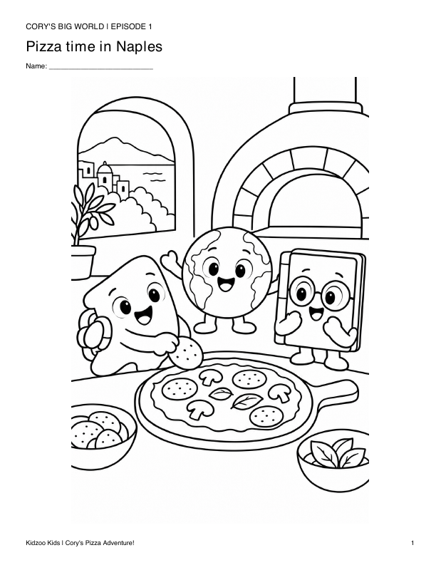Black-and-white coloring page of Cory, Glo, and Paige making pizza in Naples