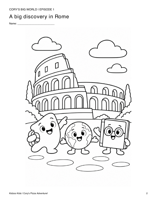 Black-and-white coloring page of Cory, Glo, and Paige visiting the Colosseum