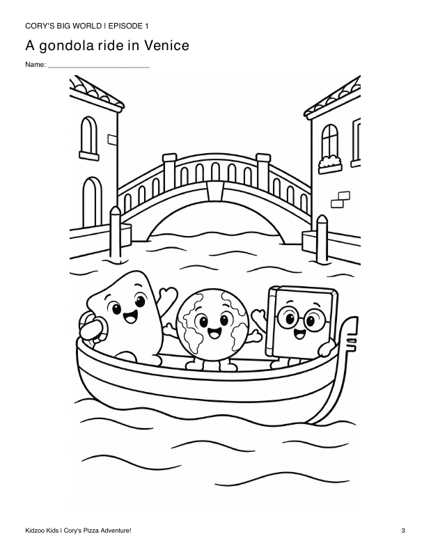 Black-and-white coloring page of Cory, Glo, and Paige riding in a gondola on a canal