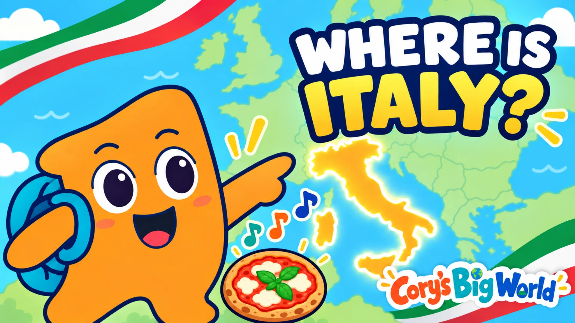 Where is Italy? Cory points to Italy on a map beside a pizza