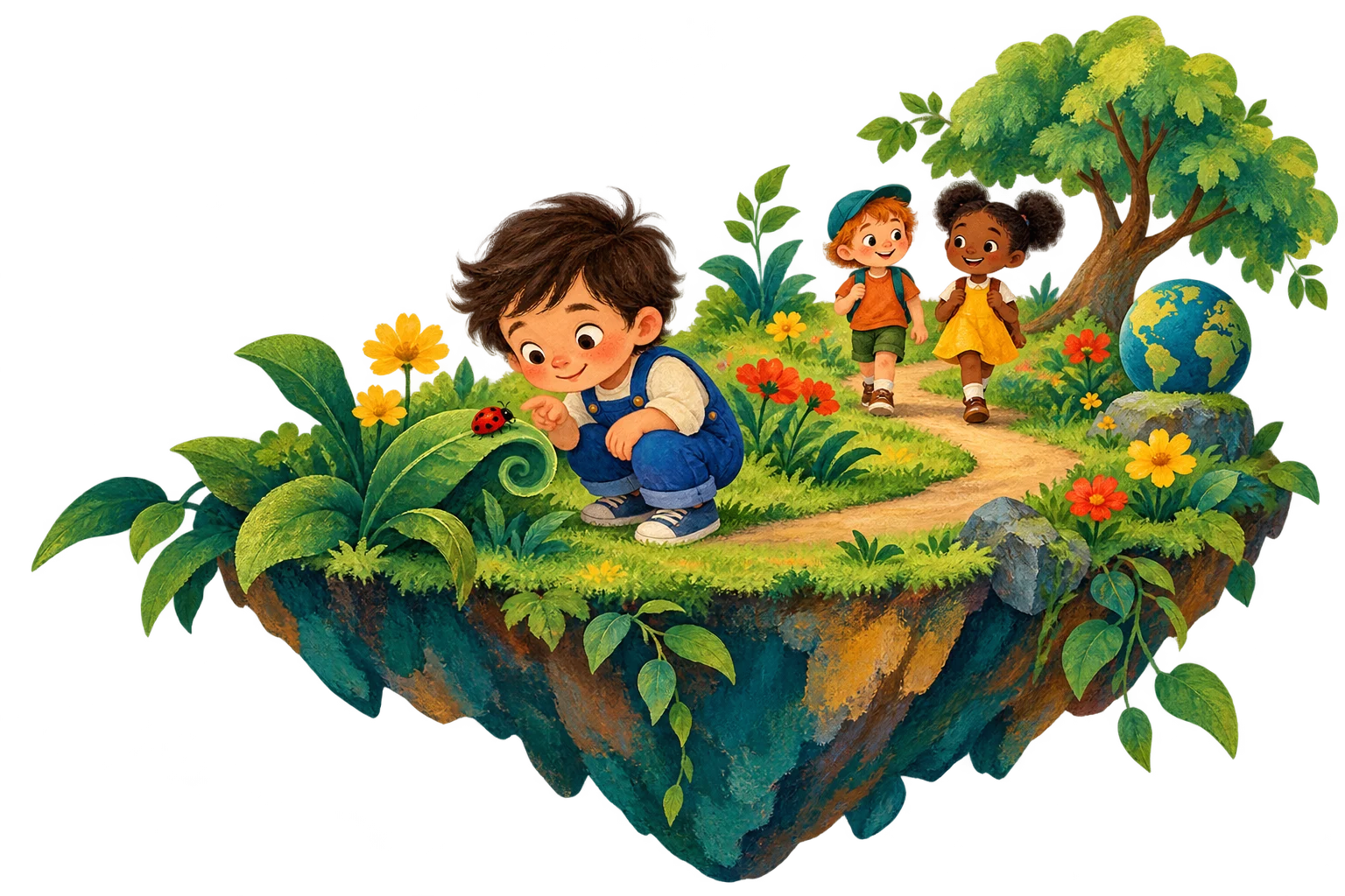 A child watches a ladybug while two friends explore a leafy floating world together.