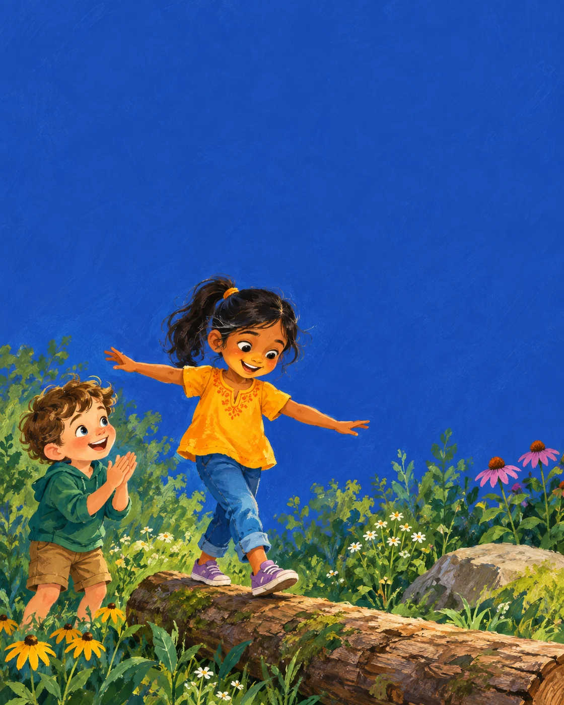 A child balances on a low log while a friend cheers.