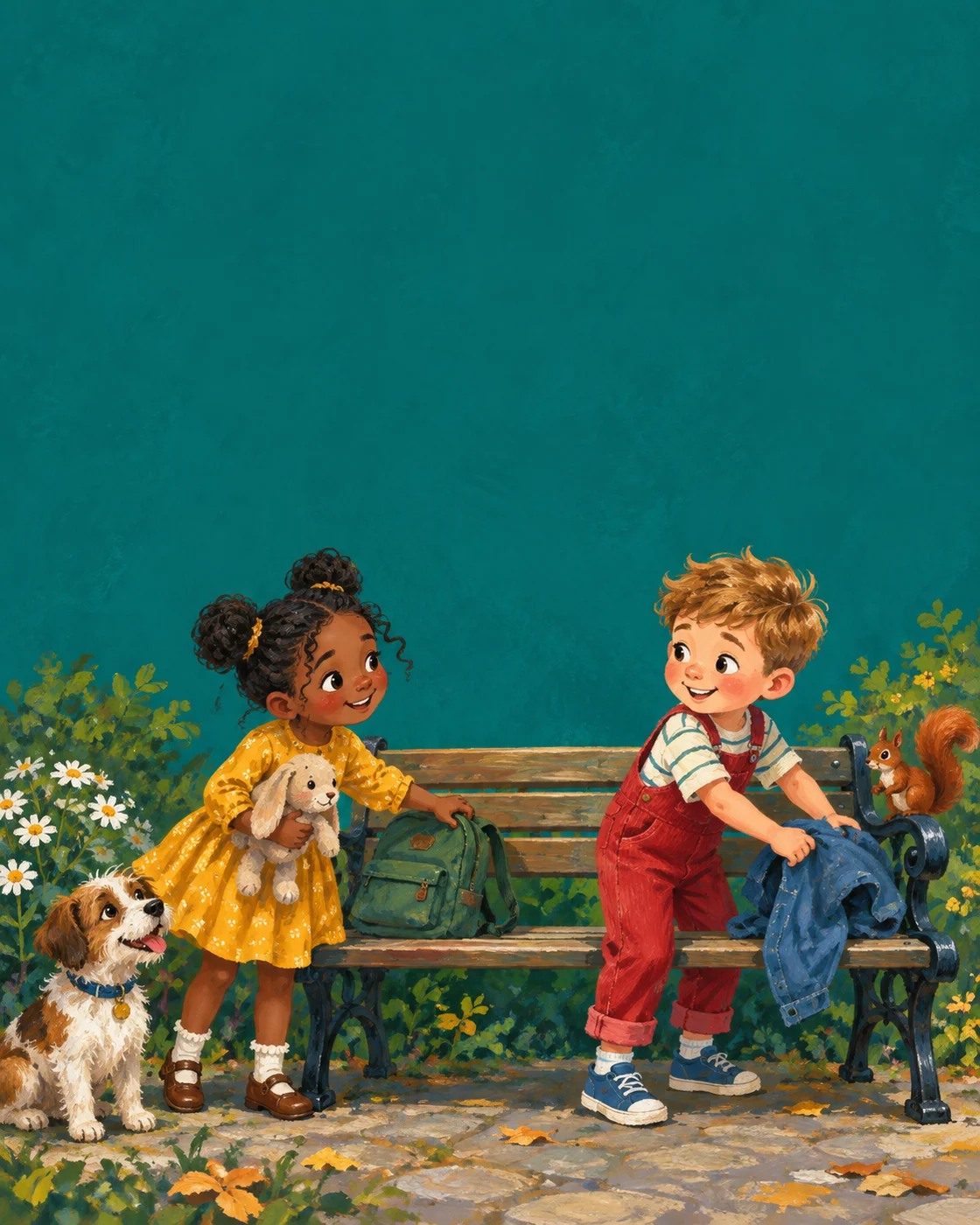 Two children make room for each other on a park bench.