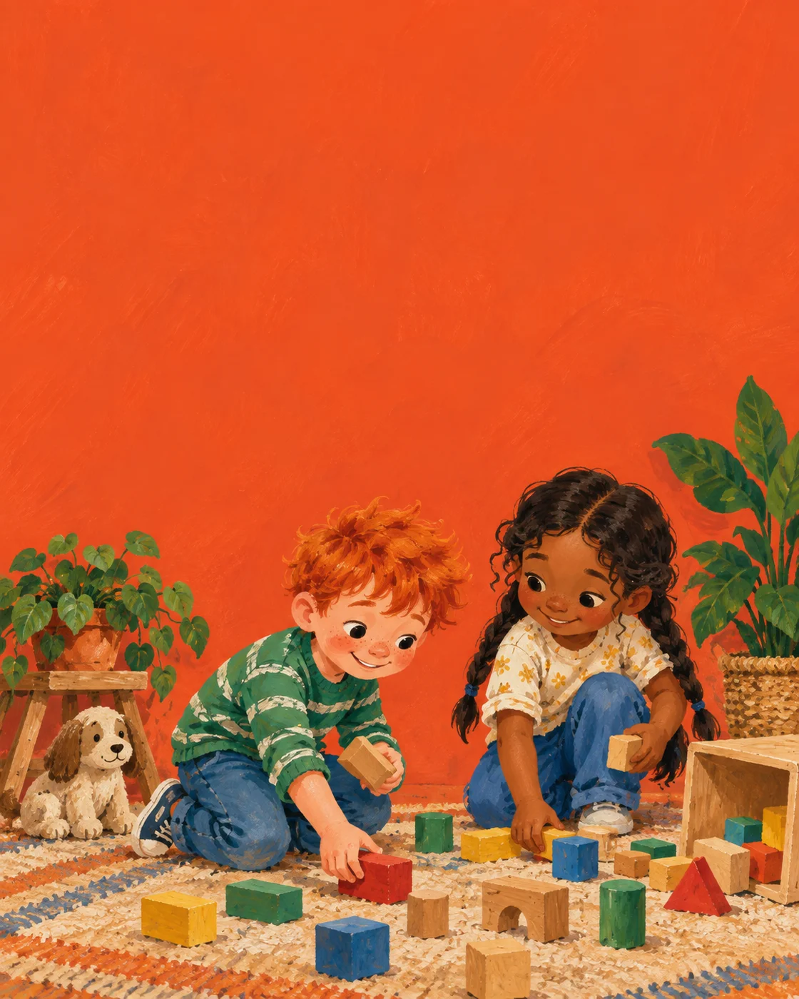 A child helps a friend gather spilled wooden blocks.
