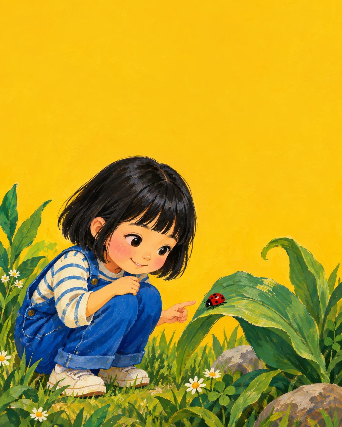 A child crouches in a garden to look closely at a ladybug on a leaf.